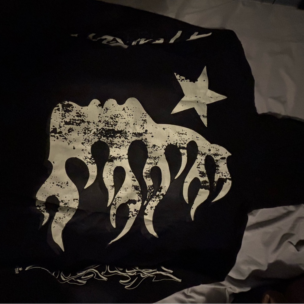 Black Graphic hellstar hoodie with White Flame Design